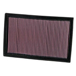 K&N 33-2384 replacement air filter featuring red pleated oiled cotton media in a durable black rectangular frame