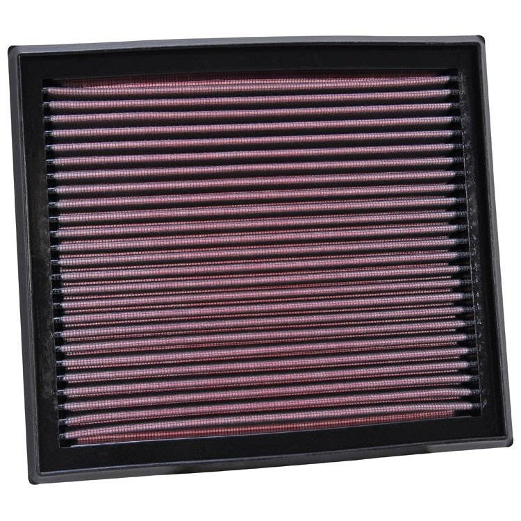 K&N 33-2873 rectangular high-flow air filter with red oiled cotton media and black rubber frame