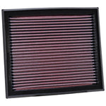 K&N 33-2873 rectangular high-flow air filter with red oiled cotton media and black rubber frame