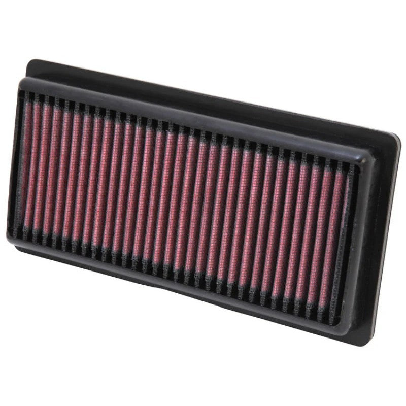 Rectangular K&N replacement panel air filter with pleated red oiled cotton media and a black flexible frame.
