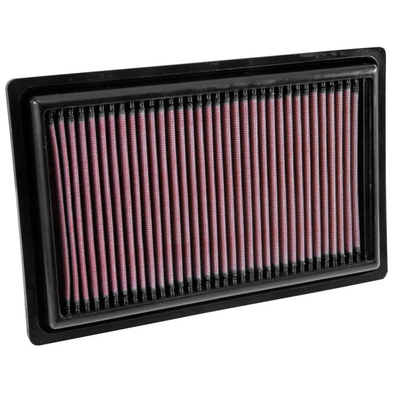 K&N 33-3034 replacement panel air filter with red pleated oiled cotton media and a black rubber perimeter seal
