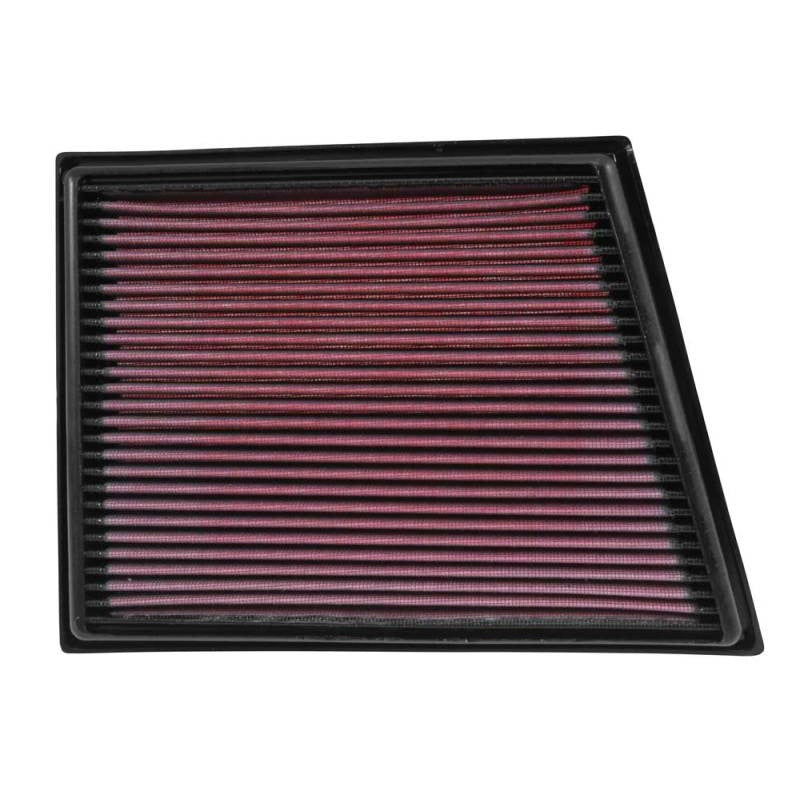 K&N 33-3025 replacement panel air filter with red pleated oiled cotton media and a black flexible rubber frame.