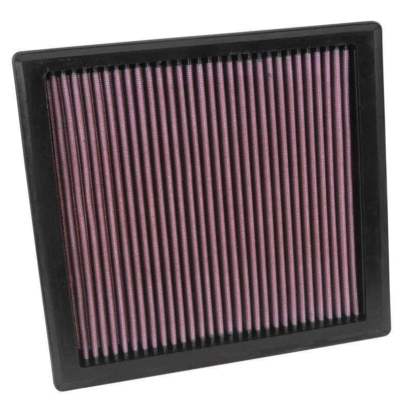 K&N 33-5030 replacement panel air filter featuring red pleated oiled cotton media and a black rubber seal.