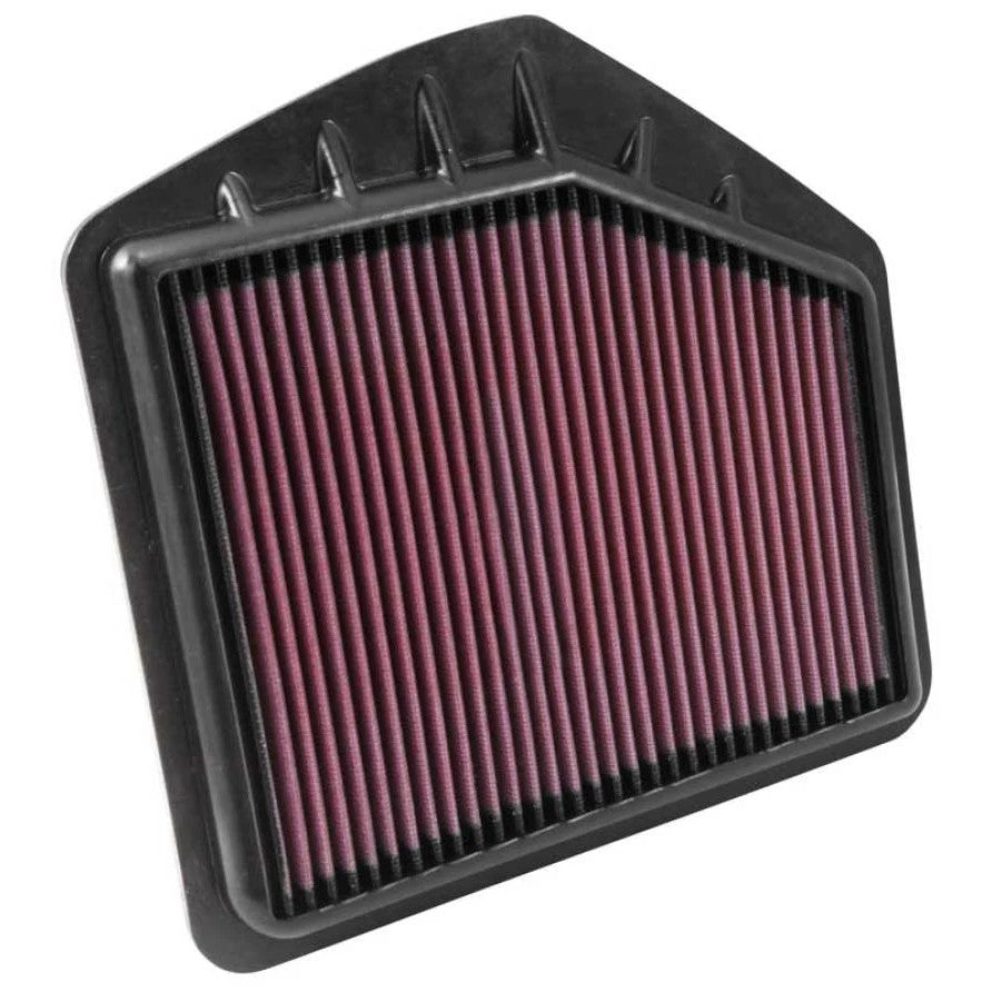K&N 33-5021 high-flow replacement panel air filter with red oiled cotton media for 5.0L engines.