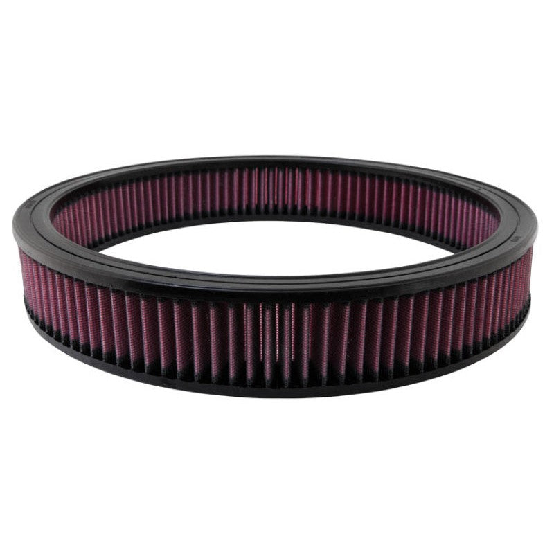 K&N E-3740 round air filter with pleated red oiled cotton media, 14 inch outside diameter, and 12 inch inside diameter.