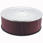 K&N round air filter assembly with chrome top plate, 1.25-inch drop base, and red oiled cotton gauze filter element.