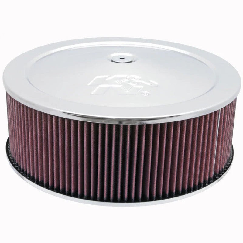 K&N round air filter assembly with chrome top plate, 1.25-inch drop base, and red oiled cotton gauze filter element.