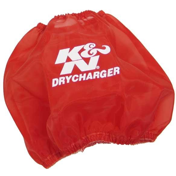 Red K&N Round Tapered Drycharger filter wrap with 7.5-inch base and 4.5-inch top diameter.