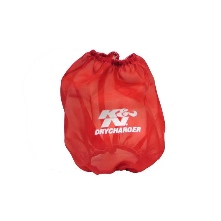 Red K&N Drycharger round tapered air filter wrap made of silicone-treated polyester mesh for water resistance.