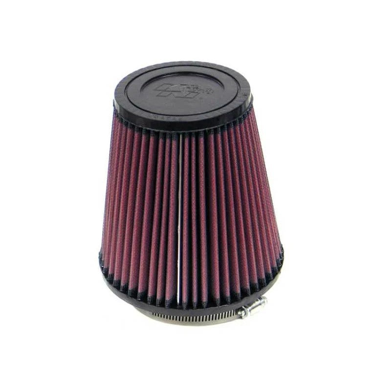 K&N RF-1031 round tapered universal air filter with red pleated media and 3.5-inch black rubber mounting flange.
