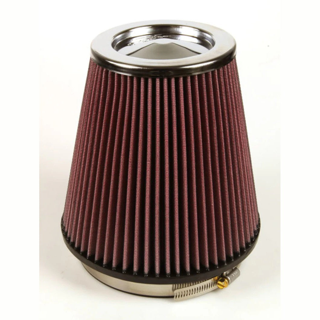 K&N RF-1041 round tapered air filter with red pleated media and 6-inch black rubber mounting flange.