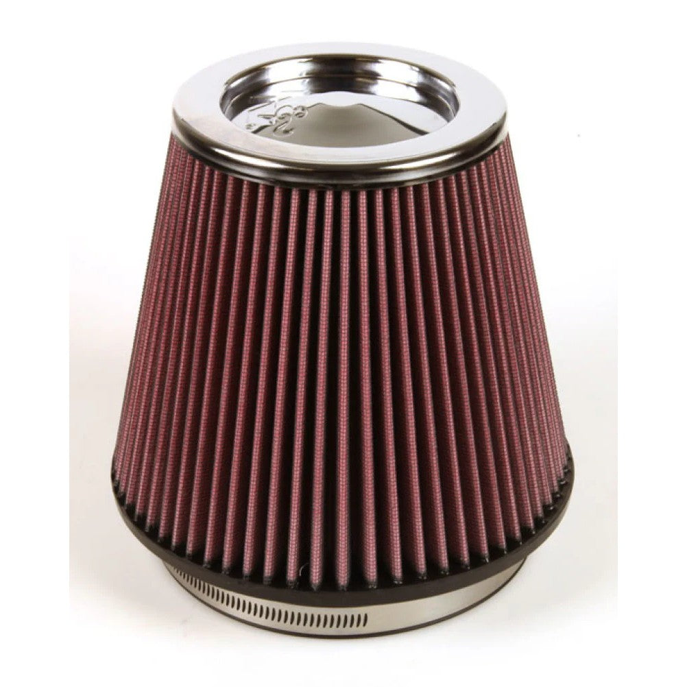 K&N RF-1042 round tapered universal air filter with red pleated cotton media and black rubber flange.