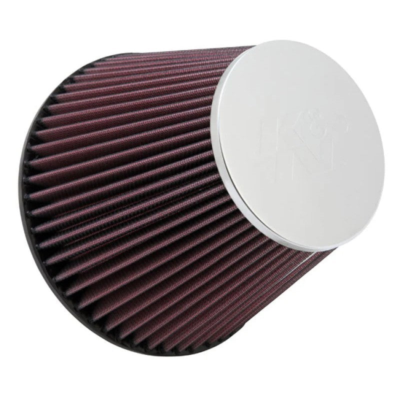 K&N RF-1048 round tapered universal air filter with red pleated media and black molded rubber flange.