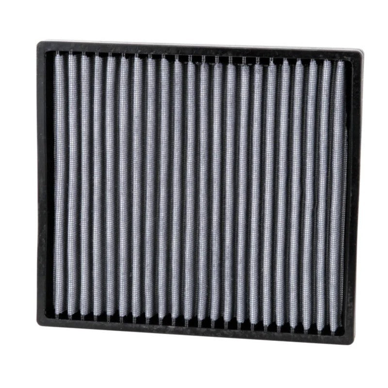 K&N VF2007 washable cabin air filter featuring white pleated synthetic media and a black flexible frame.