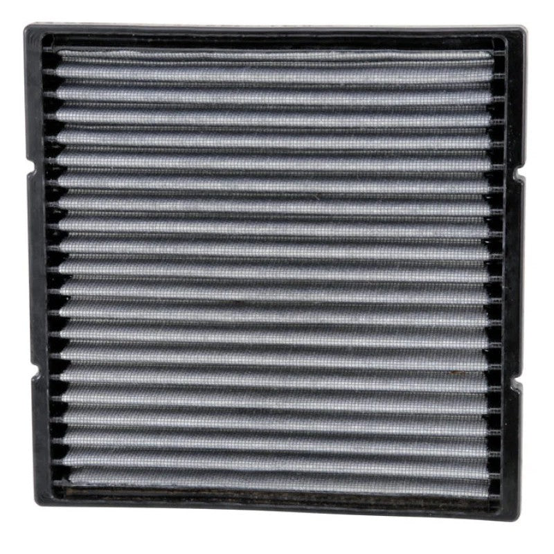 K&N VF2002 white pleated synthetic washable cabin air filter with black frame.