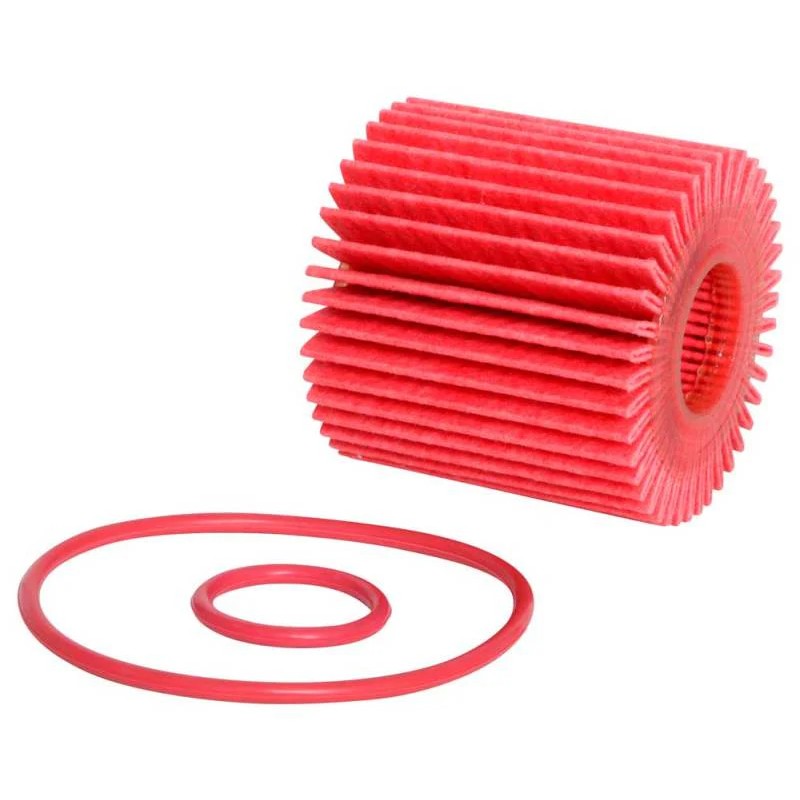 K&N HP-7020 performance cartridge oil filter showing pleated media and included rubber O-rings.