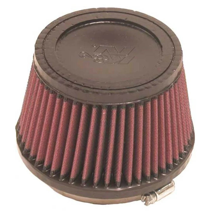 K&N RU-2510 universal clamp-on air filter featuring a 4-inch rubber flange and pleated high-flow cotton media.