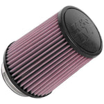 K&N RU-4630 universal round tapered air filter with black rubber flange and red pleated cotton filter media.