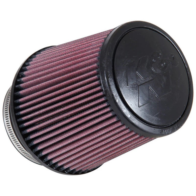 K&N RE-0850 universal round tapered air filter with red pleated media and black rubber mounting flange.