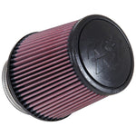 K&N RE-0850 universal round tapered air filter with red pleated media and black rubber mounting flange.