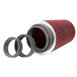 K&N RG-1002RD universal air filter with red pleated media, chrome top, and 4-inch black rubber flange.