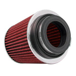 K&N RG-1001RD-L universal round tapered air filter with red pleated media, chrome top, and 4-inch black mounting flange.