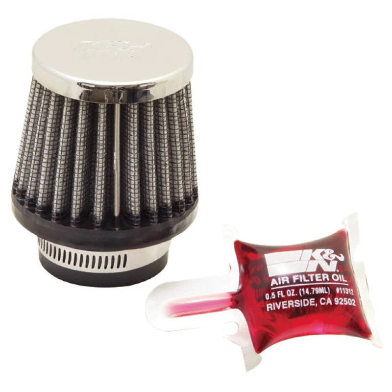 K&N RC-0790 round tapered universal air filter with polished chrome top and 1.375 inch rubber flange