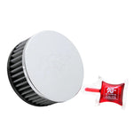 K&N RC-1950 pancake style air filter with chrome top and a 2.5-inch offset pliable rubber mounting flange.
