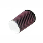 K&N RC-4580 universal round tapered air filter featuring a 4-inch rubber flange and a polished chrome top cap.