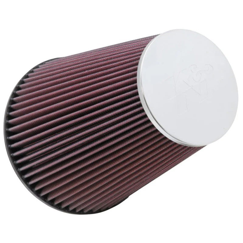 K&N RC-5046 universal tapered conical air filter featuring a chrome top and 6-inch black rubber mounting flange