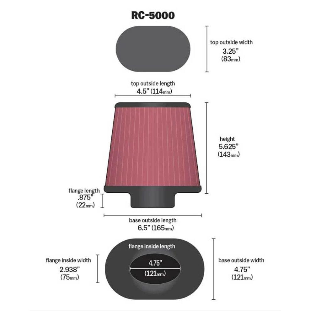 K&N RC-5000 universal air filter featuring a chrome top and a black oval rubber flange