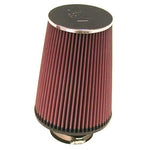 K&N RC-5106 Universal Round Tapered Air Filter with 3 inch flange, chrome end cap, and pleated cotton media.
