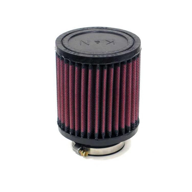 K&N RA-0500 universal clamp-on air filter featuring a black rubber flange and pleated cotton gauze filtration media.