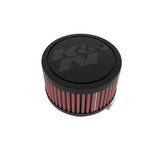 K&N RU-1900 round universal air filter with red pleated media and black rubber clamp-on flange.