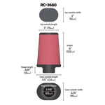 K&N RC-3680 tapered oval clamp-on air filter with 2-7/16 inch rubber flange and pleated cotton gauze media