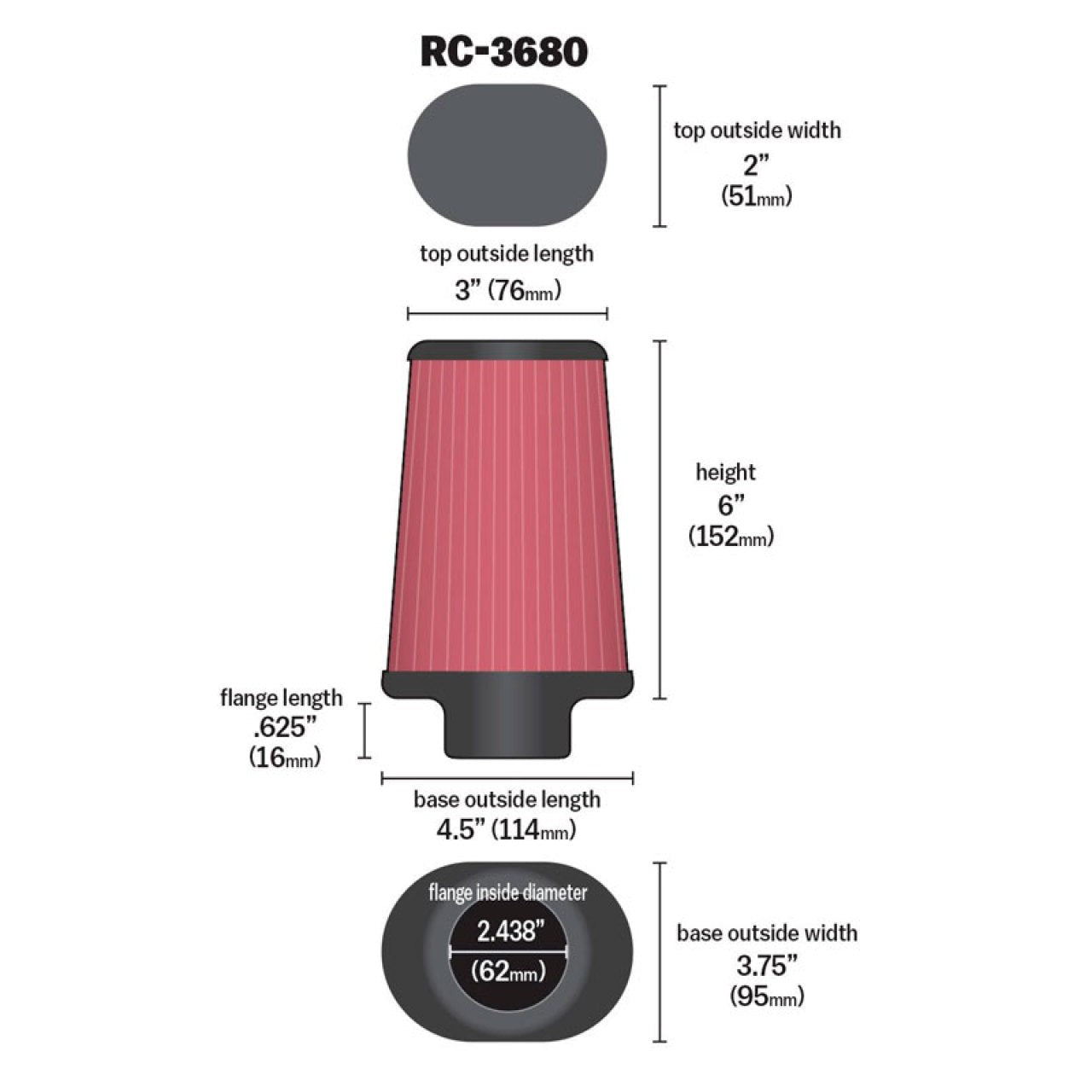 K&N RC-3680 tapered oval clamp-on air filter with 2-7/16 inch rubber flange and pleated cotton gauze media