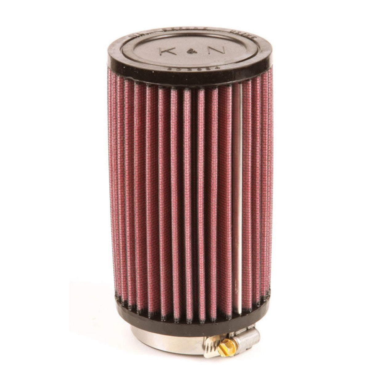 K&N RU-0820 universal clamp-on air filter with red pleated media and black molded rubber flange