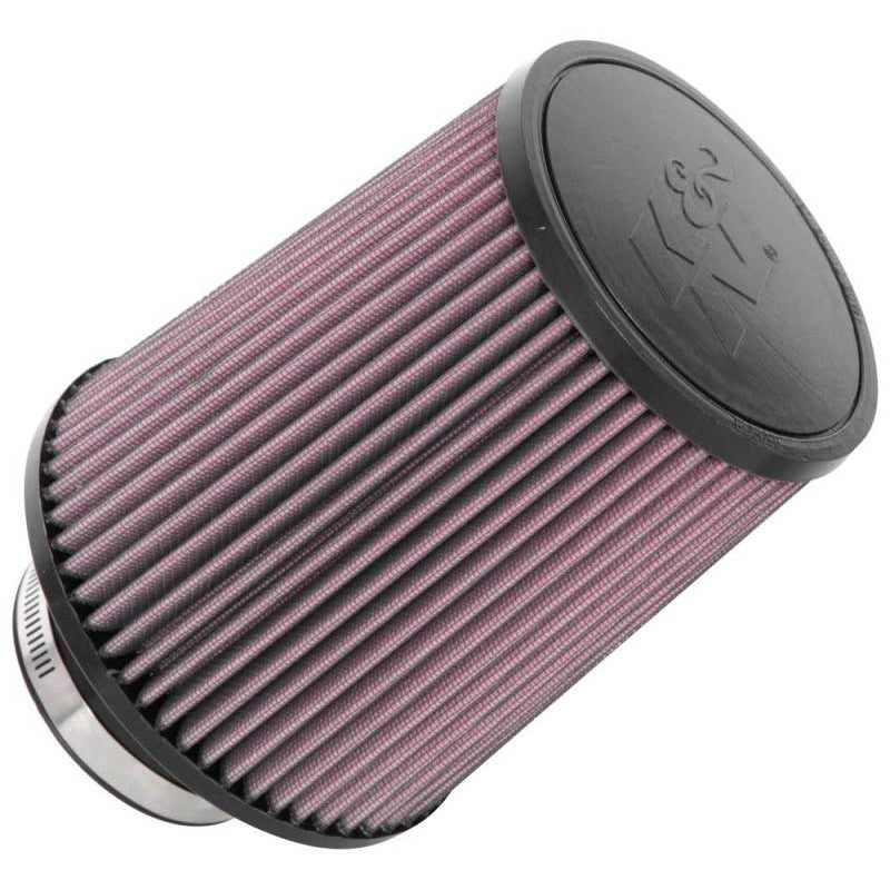 K&N RU-5100 round tapered air filter with red pleated cotton media and black rubber clamp-on flange.