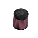 Round tapered K&N RU-9410 universal clamp-on air filter featuring a 3-inch flange and red oiled cotton gauze media.