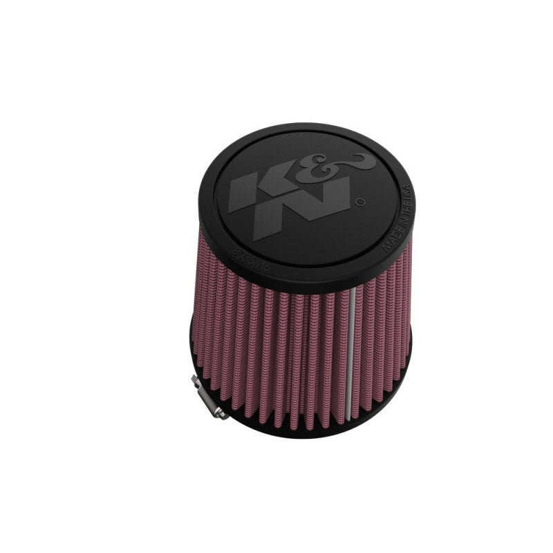 Round tapered K&N RU-9410 universal clamp-on air filter featuring a 3-inch flange and red oiled cotton gauze media.