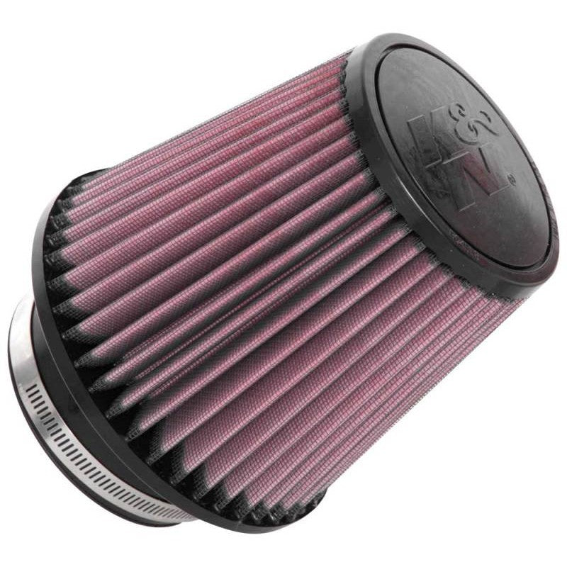 K&N RU-5060 round tapered clamp-on air filter featuring a 4 inch black rubber flange and red pleated cotton filter media.