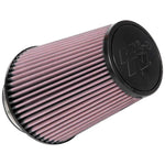 K&N RU-1027 universal round tapered clamp-on air filter with 4-inch rubber flange and stainless steel worm gear clamp.