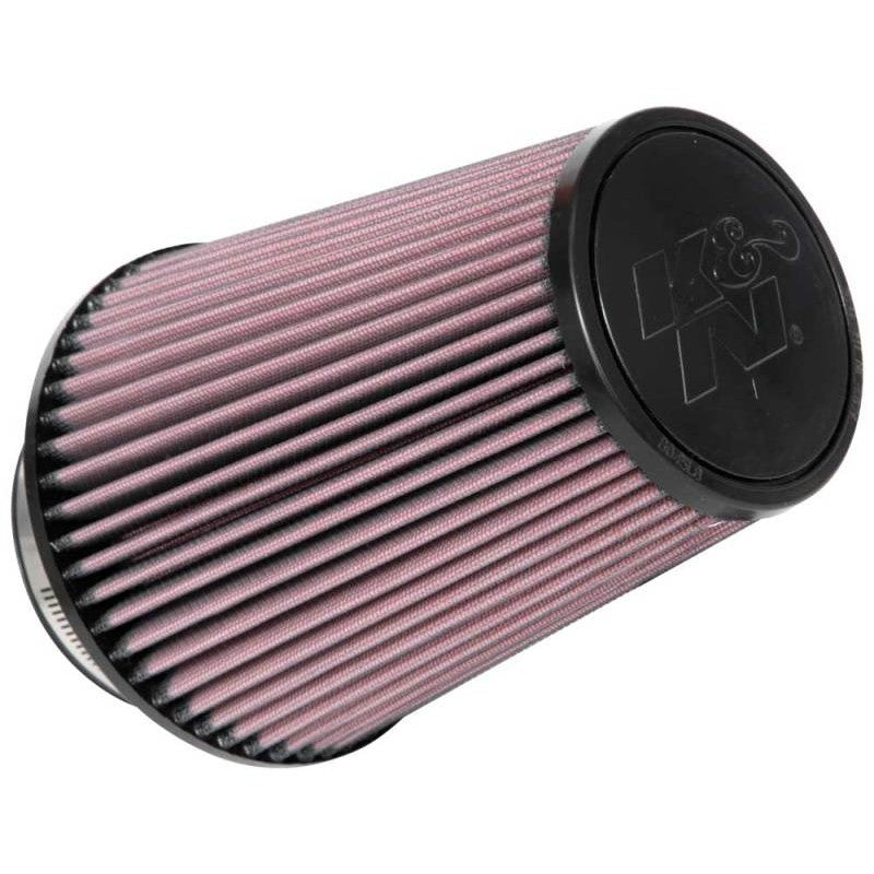 K&N RU-1027 universal round tapered clamp-on air filter with 4-inch rubber flange and stainless steel worm gear clamp.