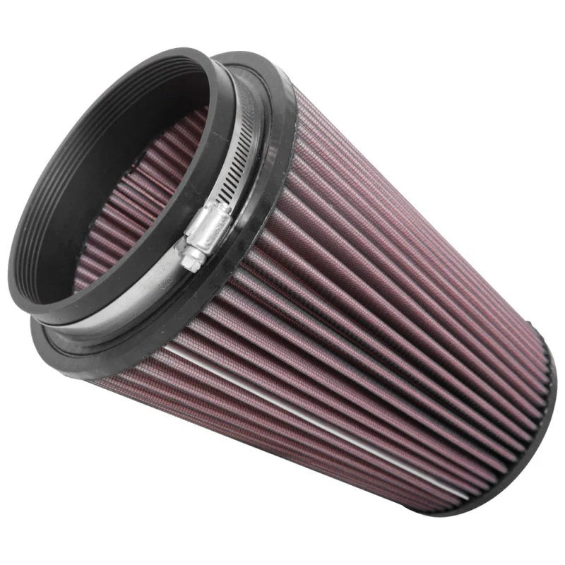 K&N RU-2815 red cotton gauze air filter with 5-inch black rubber clamp-on flange and chrome top