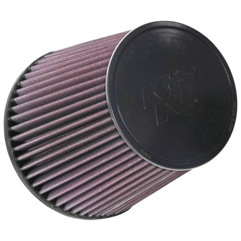 K&N RU-1037 universal clamp-on air filter with red pleated media, black rubber flange, and stainless steel clamp.