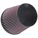 K&N RU-1037 universal clamp-on air filter with red pleated media, black rubber flange, and stainless steel clamp.