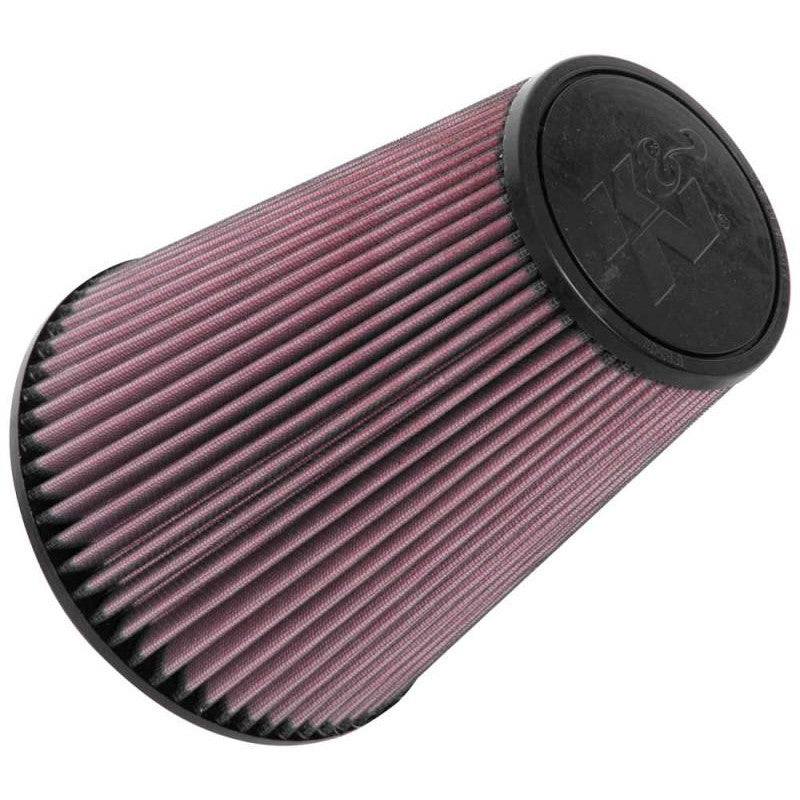 K&N RU-5046 universal clamp-on air filter with 6-inch flange, 9-inch height, and red pleated cotton media.