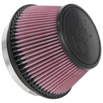 K&N RU-1009 universal clamp-on air filter featuring a 6-inch black rubber flange and silver mesh filter media.