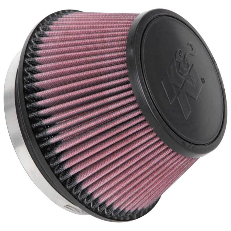 K&N RU-1009 universal clamp-on air filter featuring a 6-inch black rubber flange and silver mesh filter media.