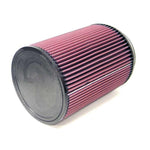 K&N RU-3270 universal clamp-on air filter featuring a 6-inch ID flange and pleated red cotton gauze media.